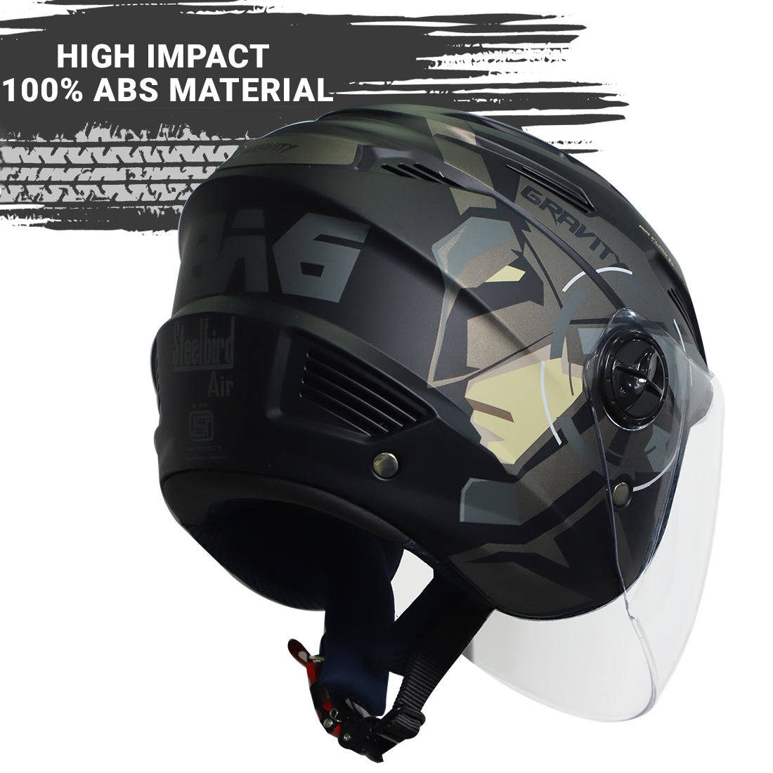 Steelbird SBA-6 7Wings Gravity ISI Certified Open Face Graphic Helmet for Men and Women (Matt Black Grey with Clear Visor)