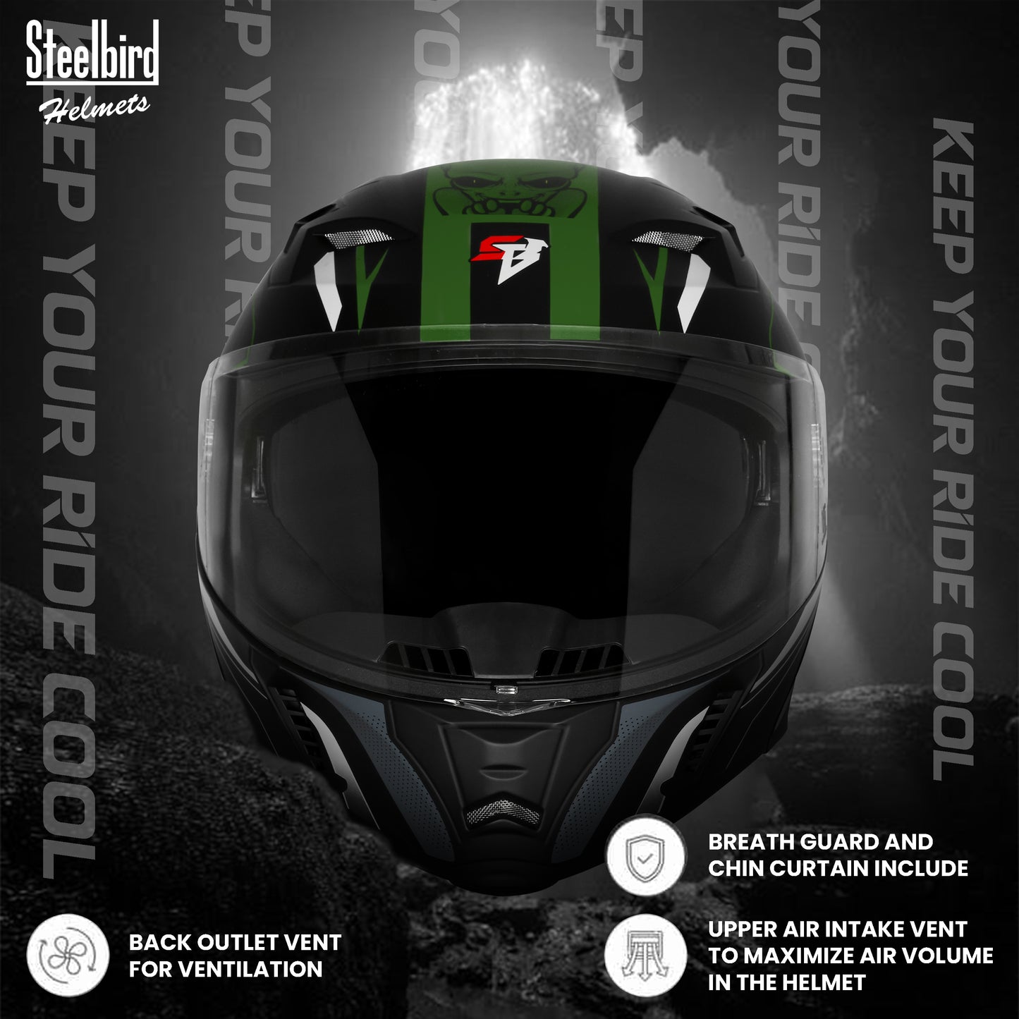 Steelbird SBA-20 Strange ISI Certified Flip-Up Graphic Helmet for Men and Women (Glossy Black Battle Green)