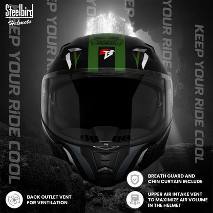 Steelbird SBA-20 Strange ISI Certified Flip-Up Graphic Helmet for Men and Women (Glossy Black Battle Green)