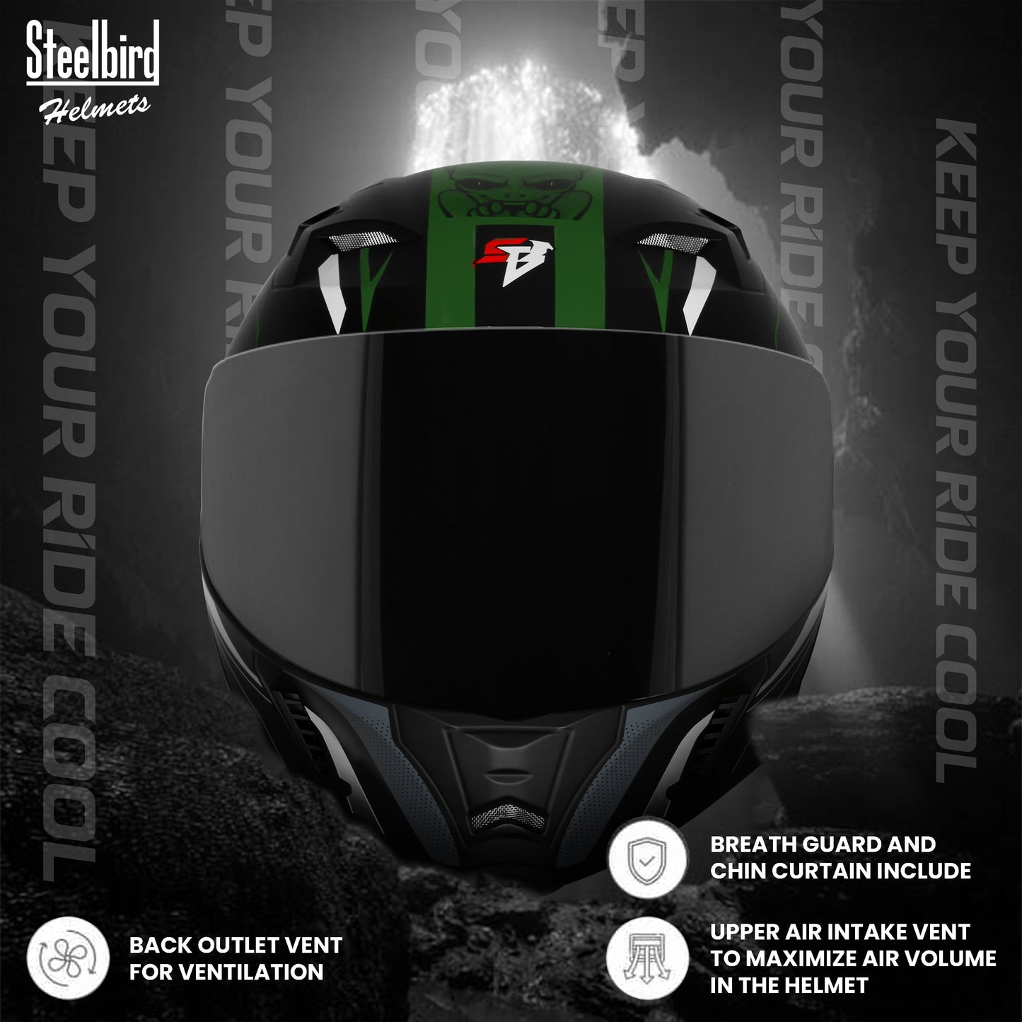 Steelbird SBA-20 Strange ISI Certified Flip-Up Graphic Helmet for Men and Women (Glossy Black Battle Green with Smoke Visor)