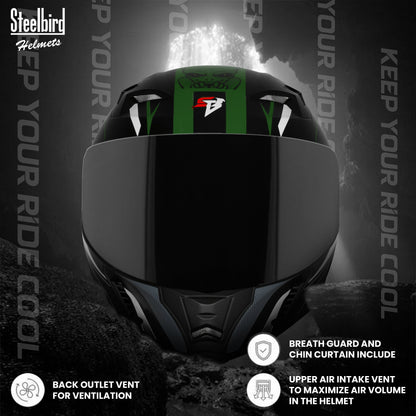 Steelbird SBA-20 Strange ISI Certified Flip-Up Graphic Helmet for Men and Women (Glossy Black Battle Green with Smoke Visor)