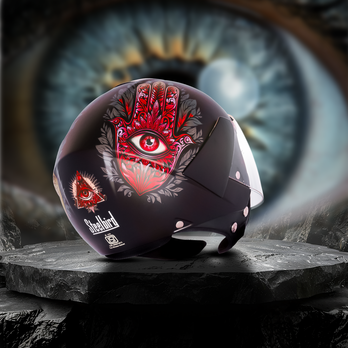 SBH-5 Hamsa Eye Graphic Helmet ISI Certified Open Face Helmet for Women (Glossy Black Red)