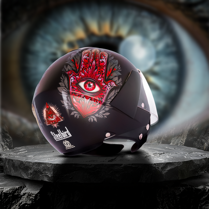 SBH-5 Hamsa Eye Graphic Helmet ISI Certified Open Face Helmet for Women (Glossy Black Red)