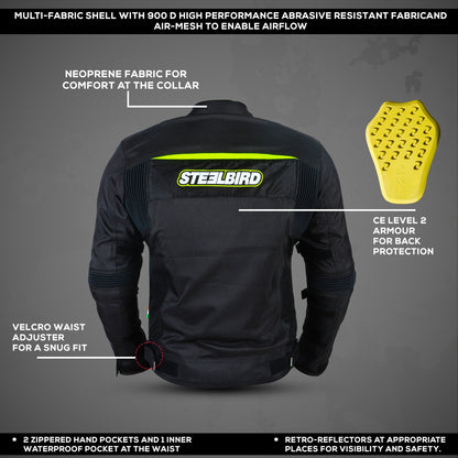 Steelbird Riding Jacket Zojila Z2 with Accordian Panel and Chest Pad - Removable CE Level 2 Protector and Zippered cuff (Neon)