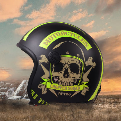 Steelbird SBH-55 Chopper Squad ISI Certified Open Face Helmet for Men and Women (Glossy Black Neon)