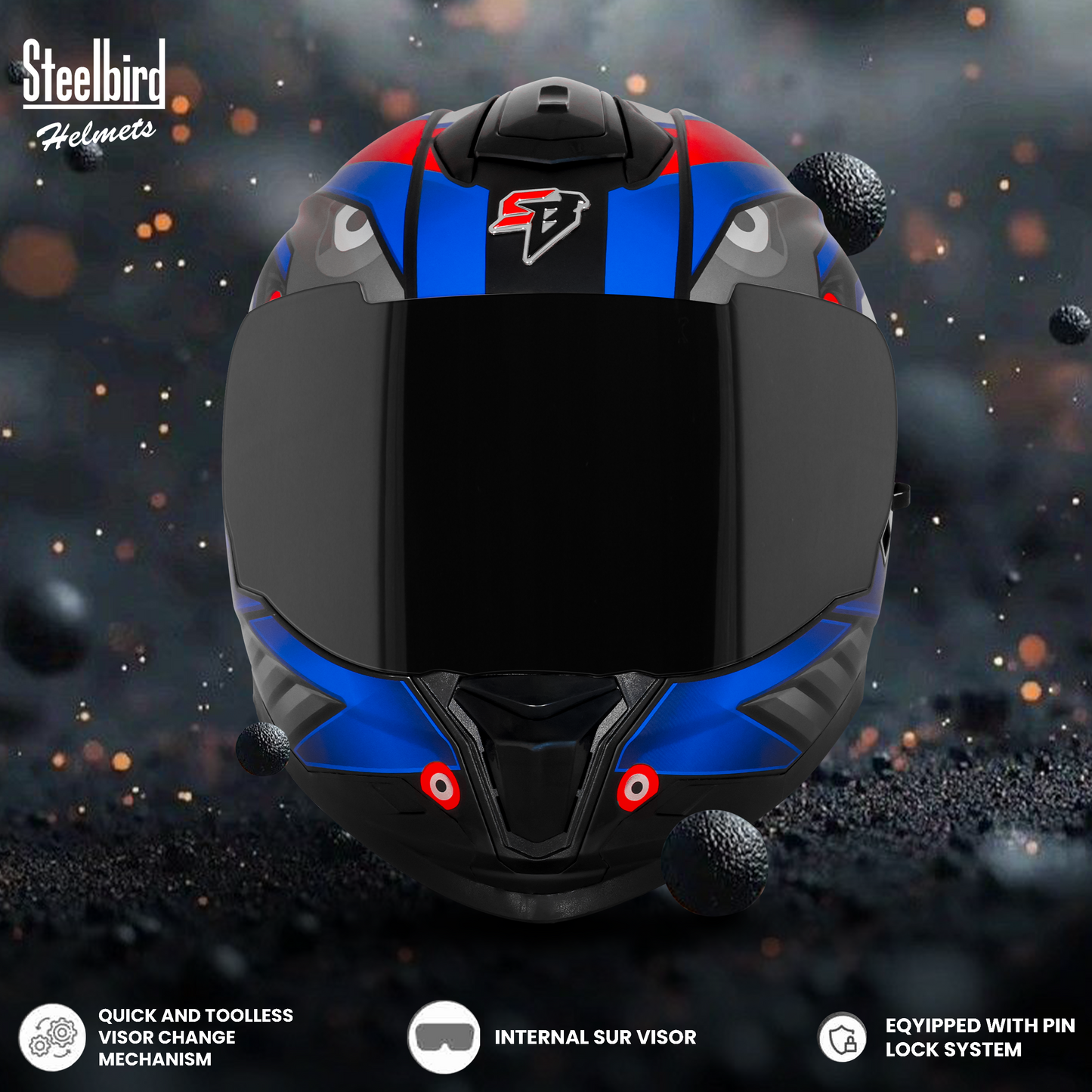 Steelbird SBH-57 Fighter F8 ISI and DOT Certified Full Face Graphic Helmet for Men and Women with Inner Silver Sun Shield (Glossy Black Blue)