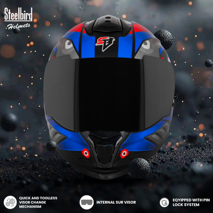 Steelbird SBH-57 Fighter F8 ISI and DOT Certified Full Face Graphic Helmet for Men and Women with Inner Silver Sun Shield (Glossy Black Blue)