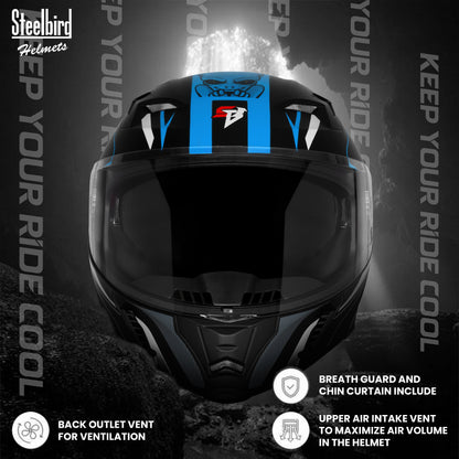 Steelbird SBA-20 Strange ISI Certified Flip-Up Graphic Helmet for Men and Women (Glossy Black Jazz Blue)