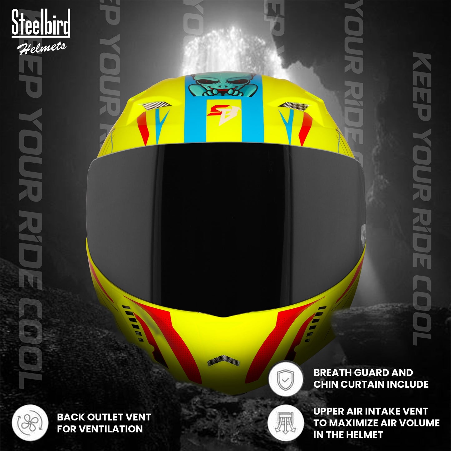 Steelbird SBA-20 Strange ISI Certified Flip-Up Graphic Helmet for Men and Women (Glossy Fluo Neon Cyan Green  with Smoke Visor)