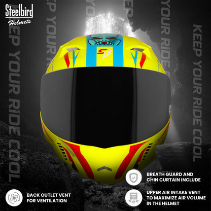 Steelbird SBA-20 Strange ISI Certified Flip-Up Graphic Helmet for Men and Women (Glossy Fluo Neon Cyan Green  with Smoke Visor)