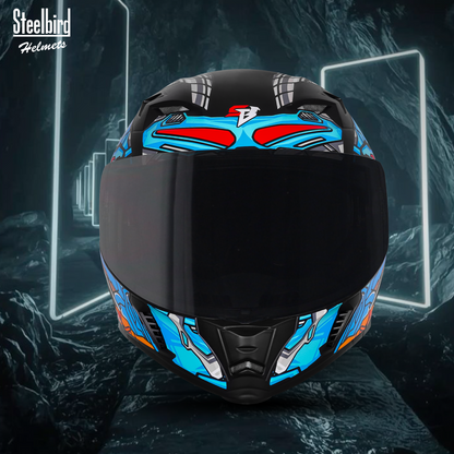 Steelbird SBA-20 ROBO ISI Certified Flip-Up Graphic Helmet for Men with Inner Sun Shield (Glossy Black Jazz Blue with Smoke Visor)