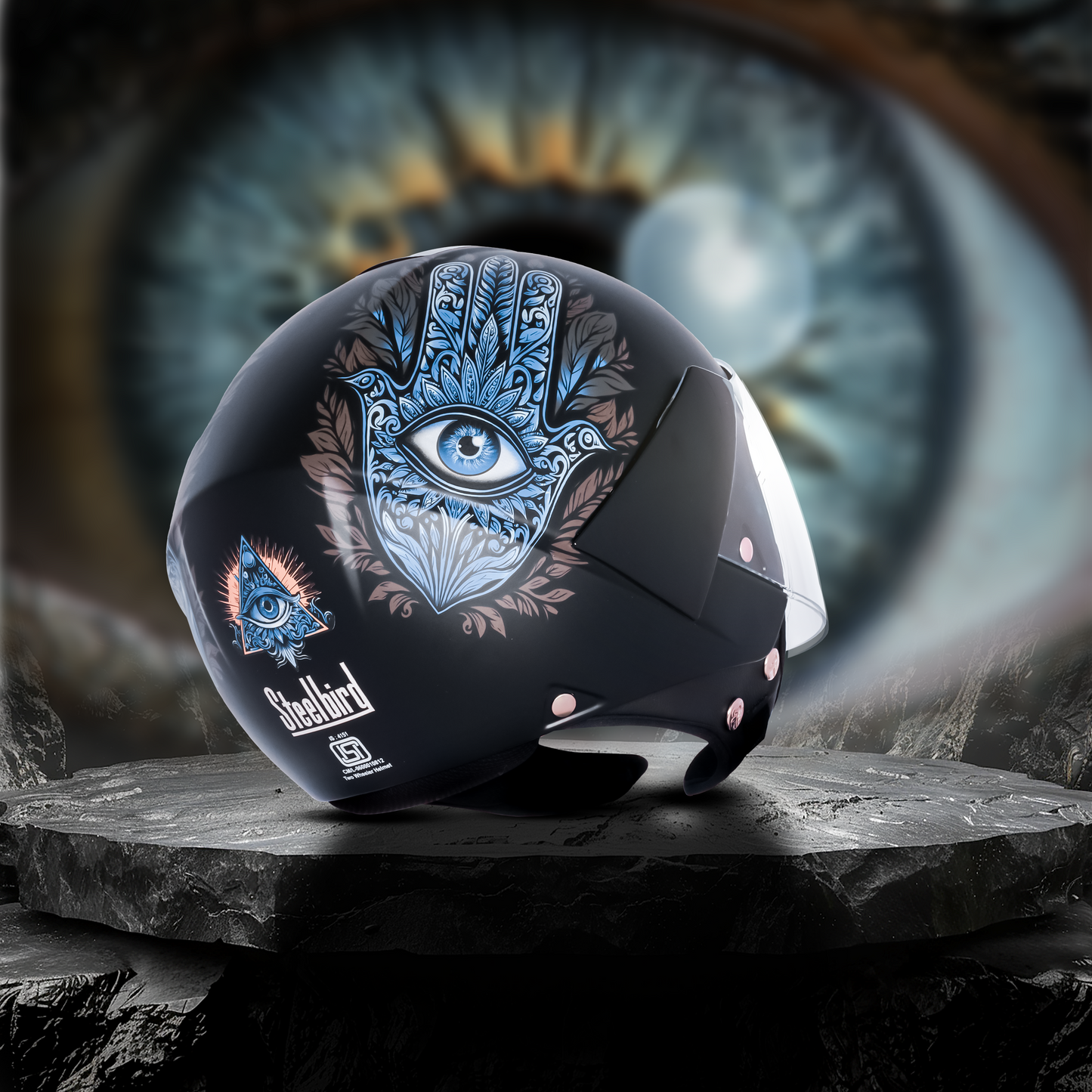 SBH-5 Hamsa Eye Graphic Helmet ISI Certified Open Face Helmet for Women (Glossy Black Blue)