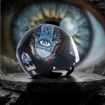 SBH-5 Hamsa Eye Graphic Helmet ISI Certified Open Face Helmet for Women (Glossy Black Blue)