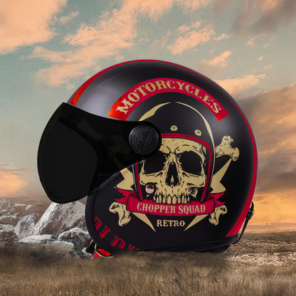 Steelbird SBH-54 Chopper Squad ISI Certified Open Face Helmet for Men and Women (Glossy Black Red)