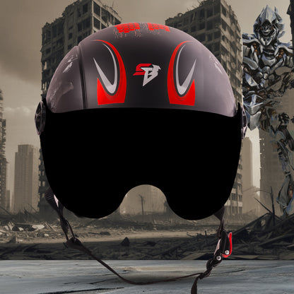 Steelbird SBH-16 Megatron ISI Certified Open Face Graphic Helmet for Men and Women (Glossy Black Red with Smoke Visor)
