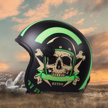 Steelbird SBH-55 Chopper Squad ISI Certified Open Face Helmet for Men and Women (Glossy Black Green)
