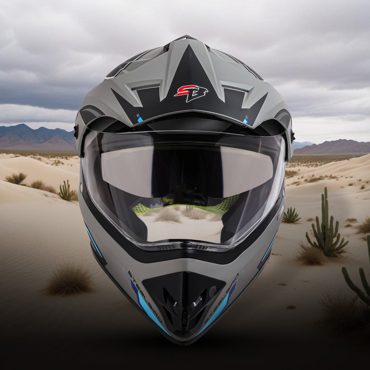 Steelbird Racer Off Road ISI Certified Motocross Double Visor Full Face Graphic Helmet Outer Clear Visor and Inner Silver Sun Shield (Glossy Grey Grey)