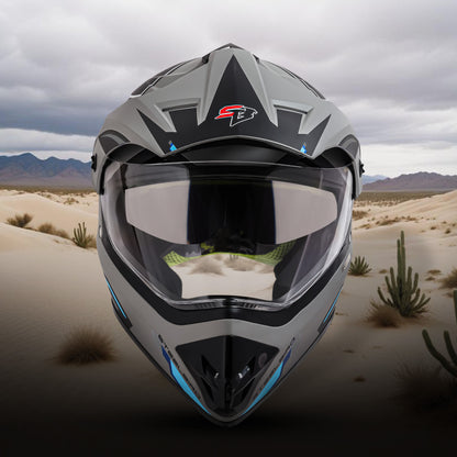 Steelbird Racer Off Road ISI Certified Motocross Double Visor Full Face Graphic Helmet Outer Clear Visor and Inner Silver Sun Shield (Glossy Grey Grey)