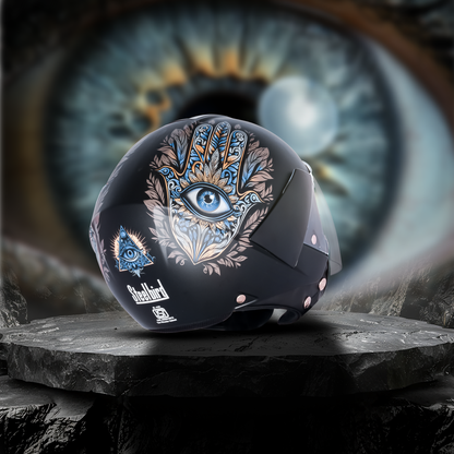 SBH-5 Hamsa Eye Graphic Helmet ISI Certified Open Face Helmet for Women (Glossy Black Golden)