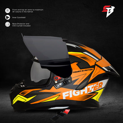 Steelbird SBH-57 Fighter F7 ISI and DOT Certified Full Face Graphic Helmet for Men and Women with Inner Silver Sun Shield (Glossy Black Orange)