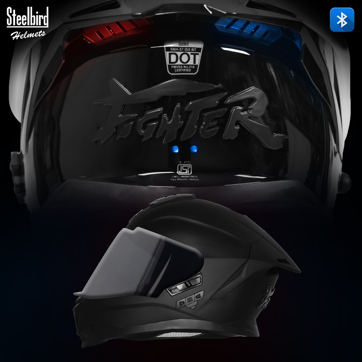 Steelbird SBH-57 Fighter Bass X Bluetooth Helmet ISI and DOT Certified Full Face Helmet for Men with Inner Silver Sun Shield (Matt Black)