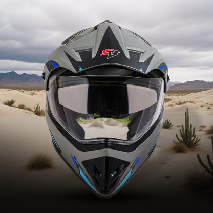Steelbird Racer Off Road ISI Certified Motocross Double Visor Full Face Graphic Helmet Outer Clear Visor and Inner Silver Sun Shield (Glossy Grey Blue)
