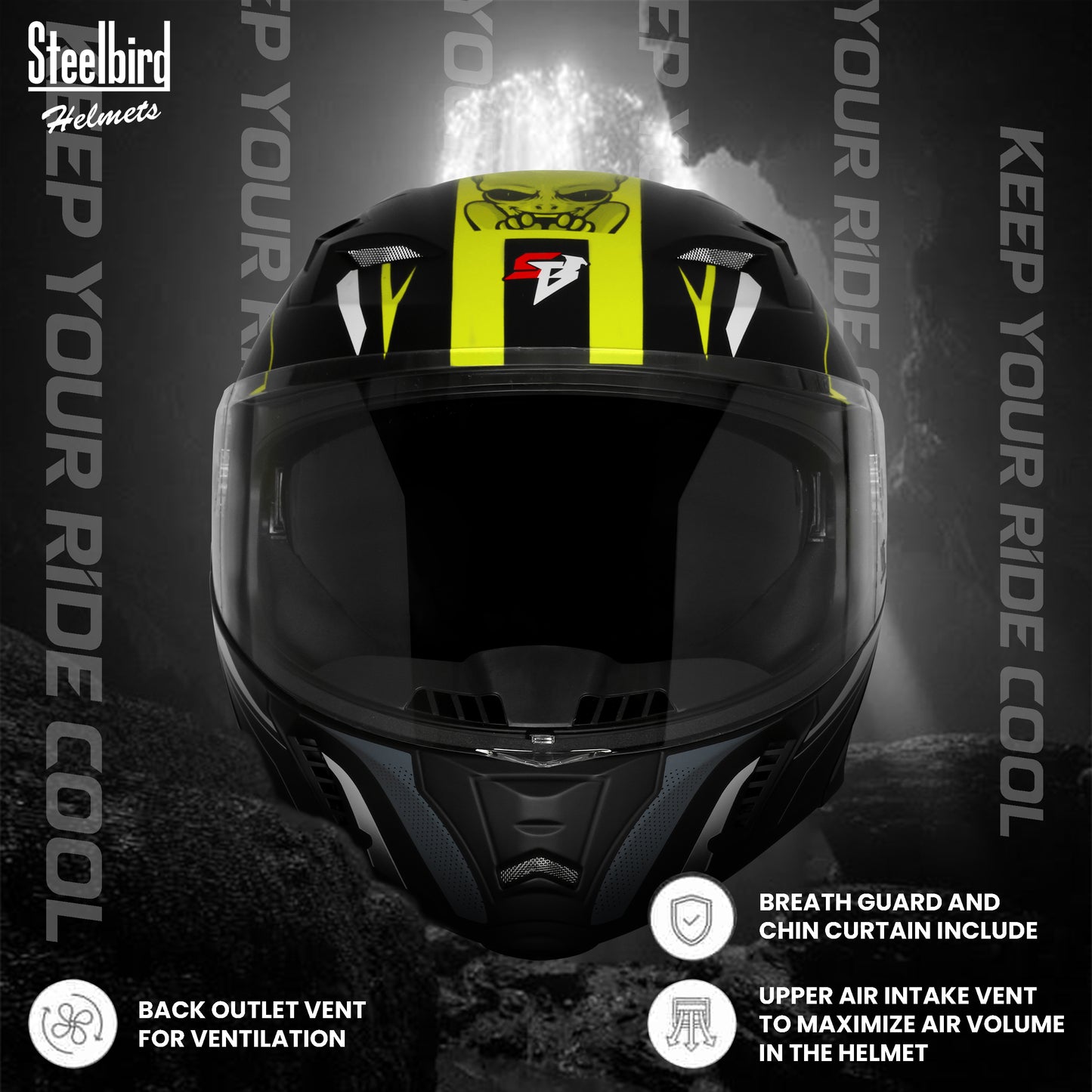 Steelbird SBA-20 Strange ISI Certified Flip-Up Graphic Helmet for Men and Women (Glossy Black Neon)