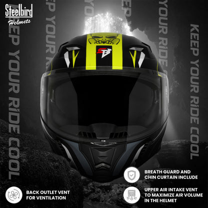 Steelbird SBA-20 Strange ISI Certified Flip-Up Graphic Helmet for Men and Women (Glossy Black Neon)