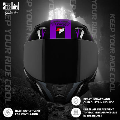 Steelbird SBA-20 Strange ISI Certified Flip-Up Graphic Helmet for Men and Women (Glossy Black Purple with Smoke Visor)