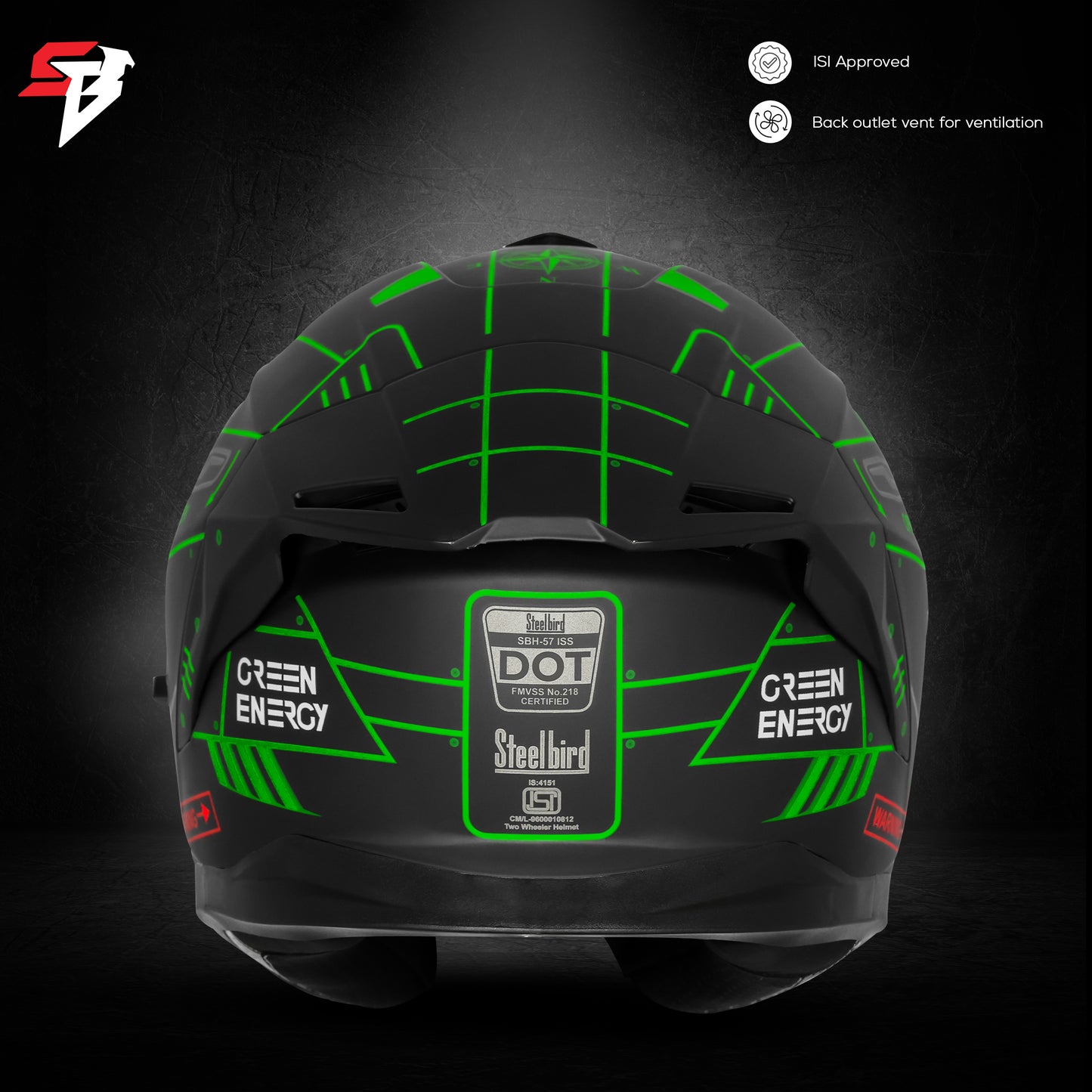 Steelbird SBH-57 Fighter F6 ISI and DOT Certified Full Face Graphic Helmet for Men and Women with Inner Silver Sun Shield (Glossy Black Green)
