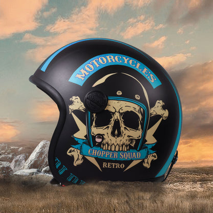 Steelbird SBH-55 Chopper Squad ISI Certified Open Face Helmet for Men and Women (Glossy Black Blue)