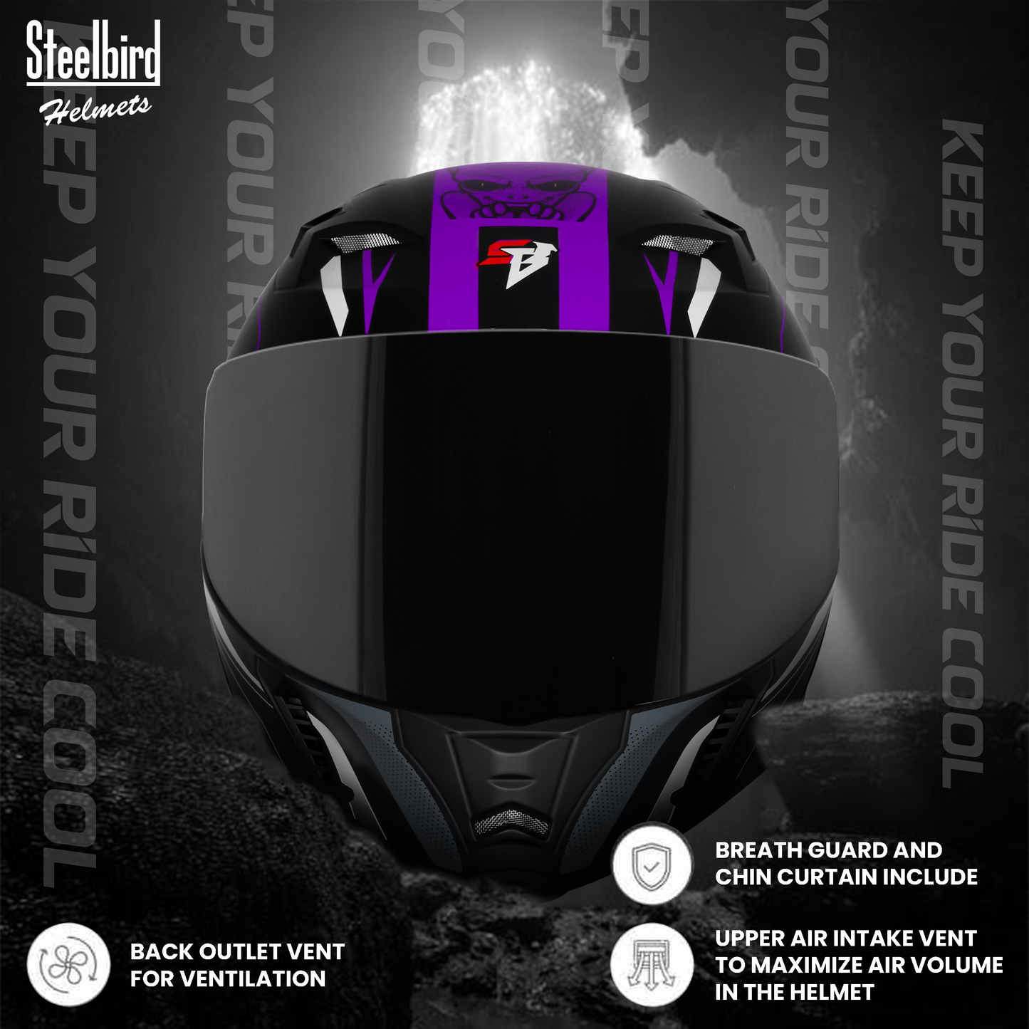 Steelbird SBA-20 Strange ISI Certified Flip-Up Graphic Helmet for Men and Women with Inner Silver Sun Shield (Glossy Black Purple with Smoke Visor)