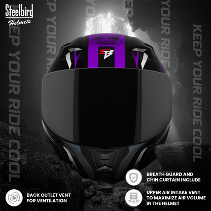 Steelbird SBA-20 Strange ISI Certified Flip-Up Graphic Helmet for Men and Women with Inner Silver Sun Shield (Glossy Black Purple with Smoke Visor)