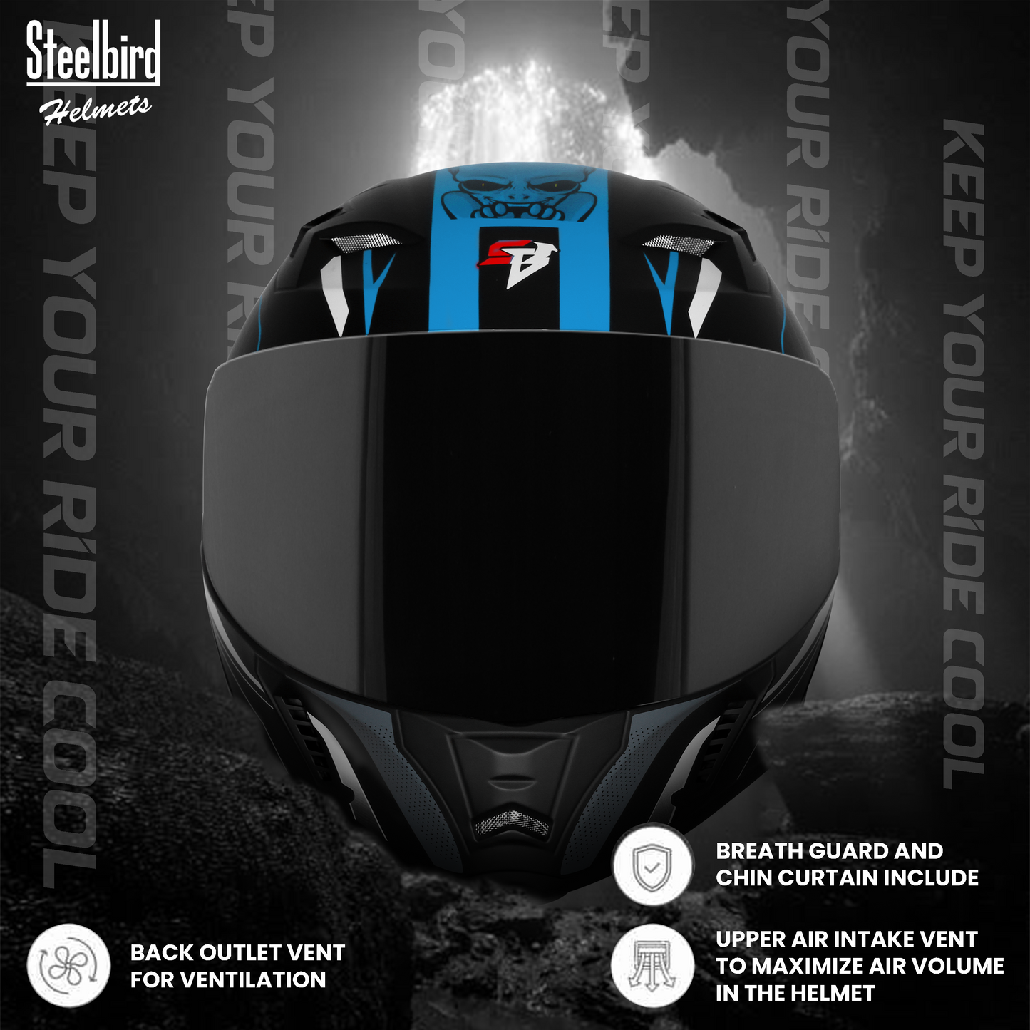 Steelbird SBA-20 Strange ISI Certified Flip-Up Graphic Helmet for Men and Women with Inner Silver Sun Shield (Glossy Black Jazz Blue with Smoke Visor)