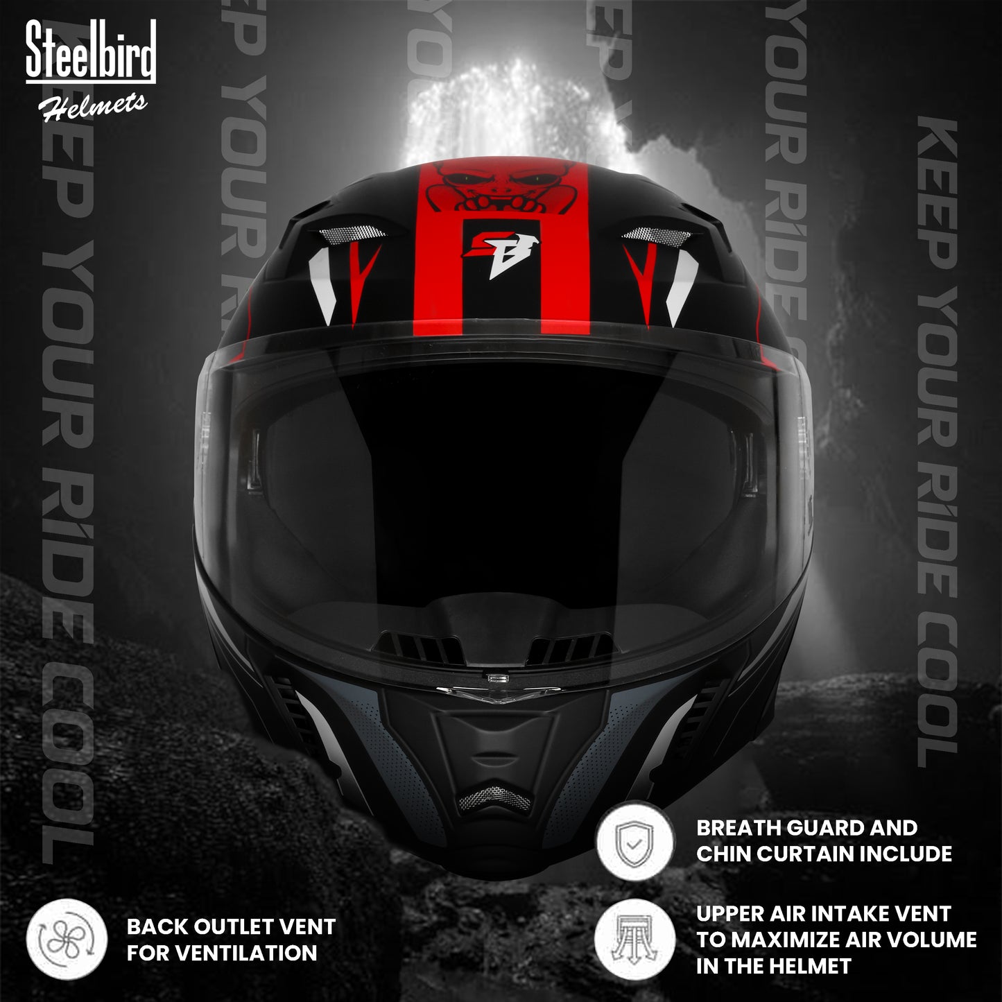 Steelbird SBA-20 Strange ISI Certified Flip-Up Graphic Helmet for Men and Women (Glossy Black Red)