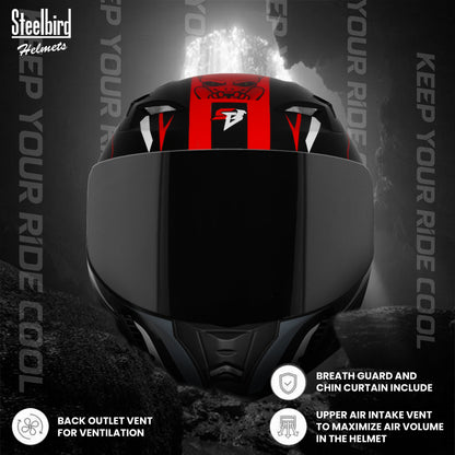Steelbird SBA-20 Strange ISI Certified Flip-Up Graphic Helmet for Men and Women (Glossy Black Red with Smoke Visor)