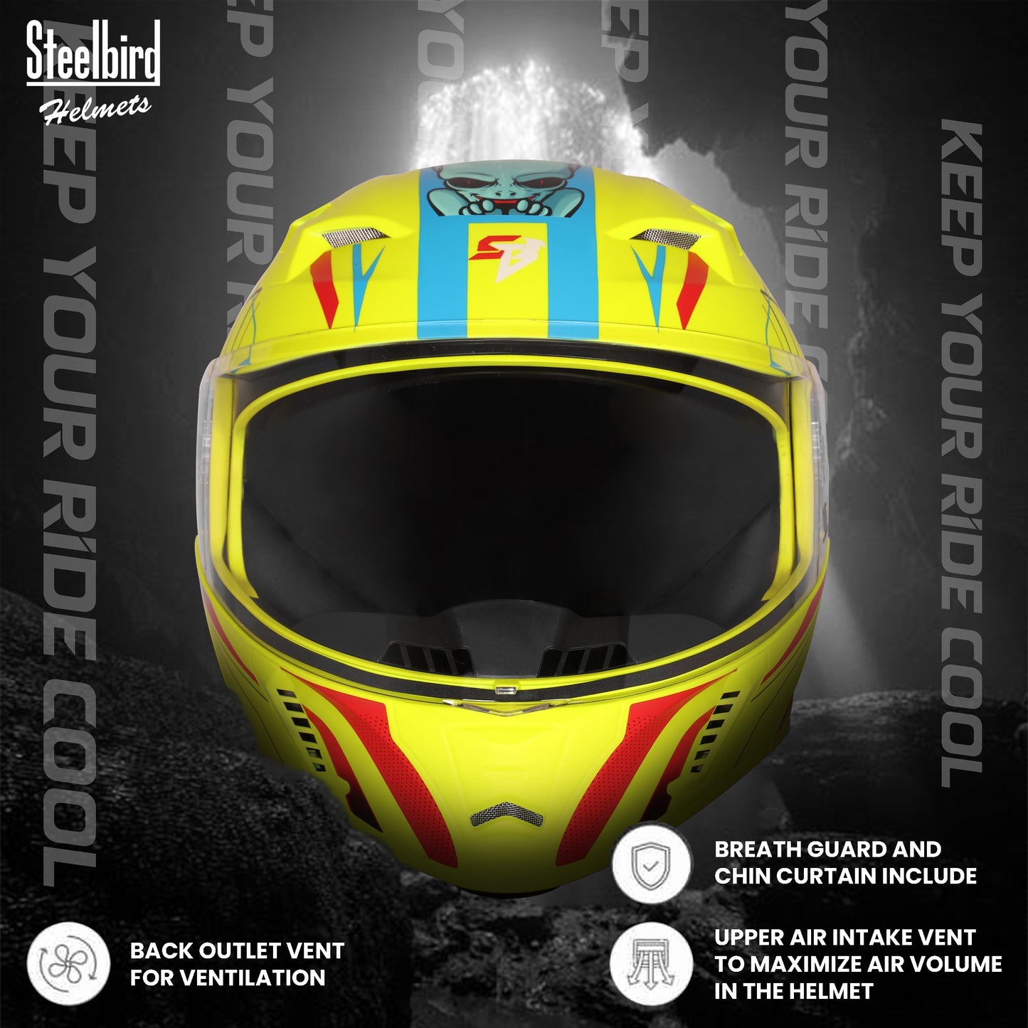 Steelbird SBA-20 Strange ISI Certified Flip-Up Graphic Helmet for Men and Women (Glossy Fluo Neon Cyan Green)