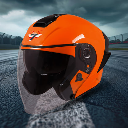 Steelbird SBA-10 7Wings ISI Certified Open Face Helmet for Men and Women with Inner Smoke Sun Shield (Glossy Fluo Orange)