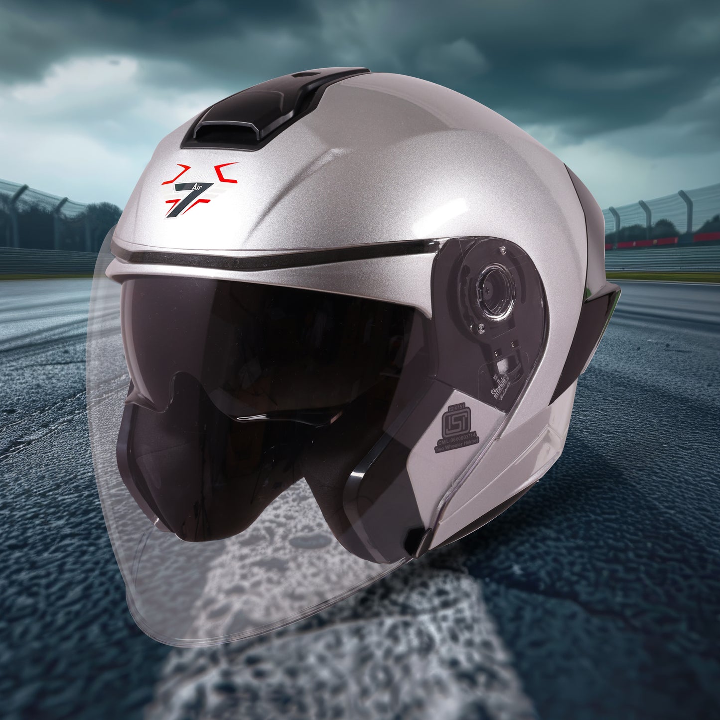 Steelbird SBA-10 7Wings ISI Certified Open Face Helmet for Men and Women with Inner Smoke Sun Shield (Glossy Silver)