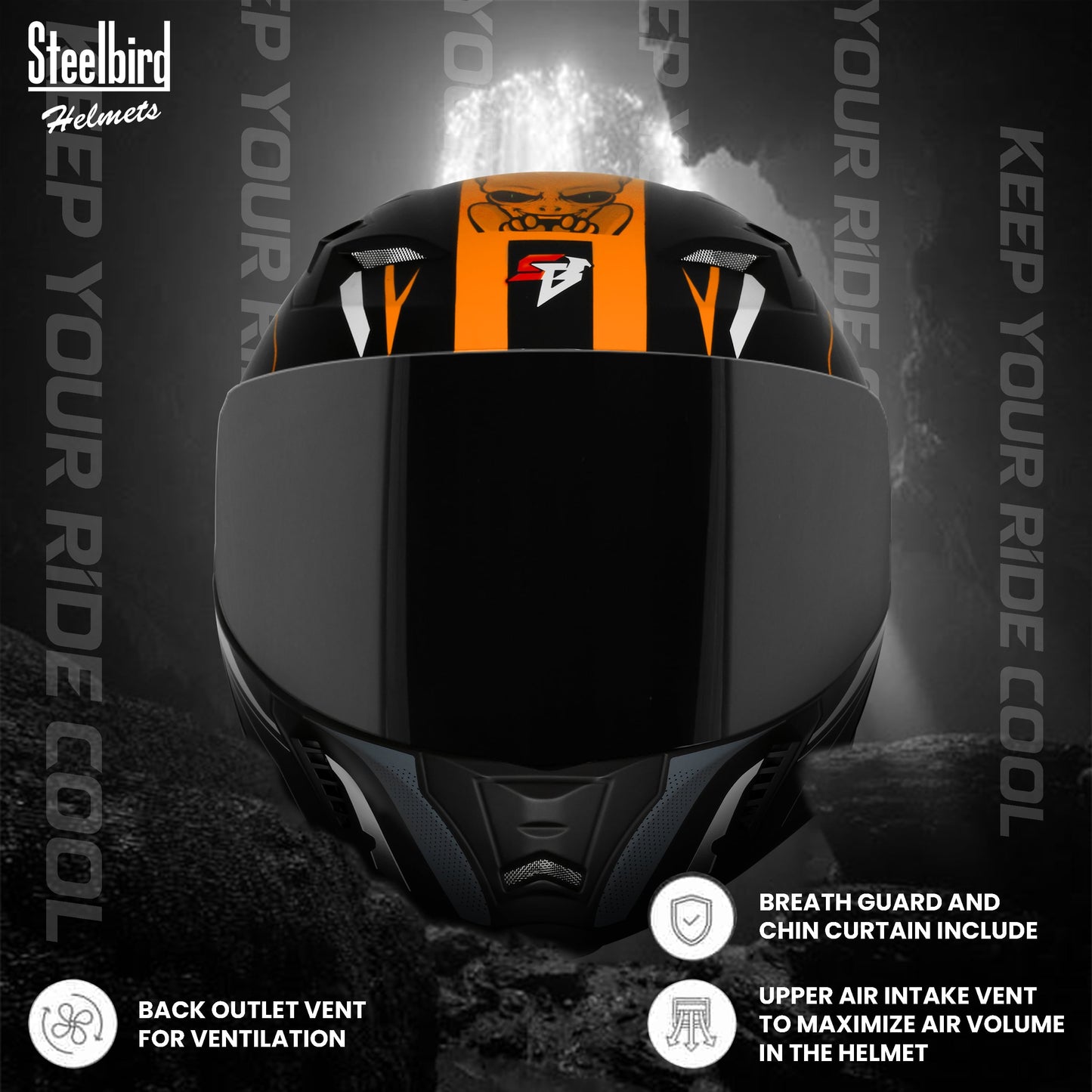 Steelbird SBA-20 Strange ISI Certified Flip-Up Graphic Helmet for Men and Women (Glossy Black Orange with Smoke Visor)