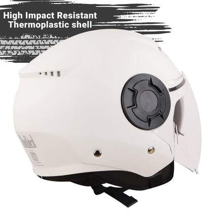 Steelbird SBH-31 GT Dashing ISI Certified Open Face Helmet for Men and Women with Inner Sun Shield ( Dual Visor Mechanism ) (Dashing White)