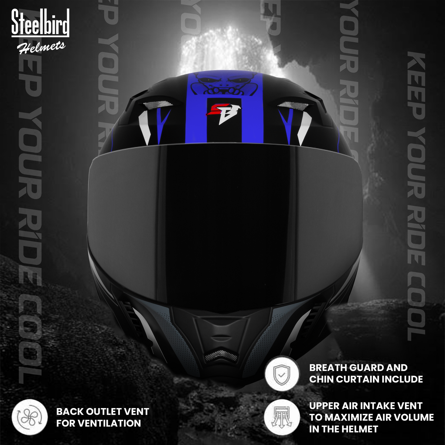 Steelbird SBA-20 Strange ISI Certified Flip-Up Graphic Helmet for Men and Women with Inner Silver Sun Shield (Glossy Black Blue with Smoke Visor)