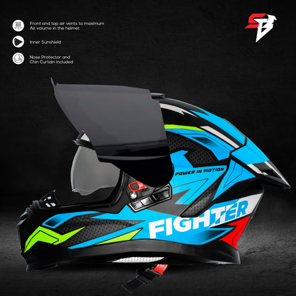 Steelbird SBH-57 Fighter F7 ISI and DOT Certified Full Face Graphic Helmet for Men and Women with Inner Silver Sun Shield (Glossy Black Jazz Blue)