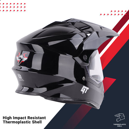 Steelbird GT Off Road ISI Certified Motocross Double Visor Full Face Helmet Outer Clear Visor and Inner Smoke Sun Shield (Glossy Black)