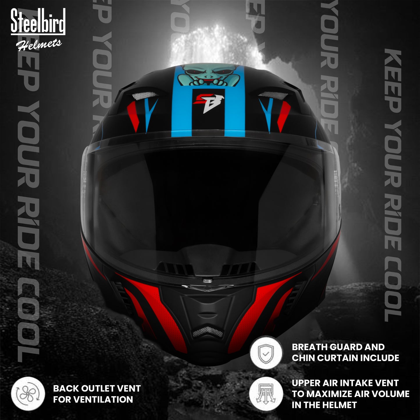 Steelbird SBA-20 Strange ISI Certified Flip-Up Graphic Helmet for Men and Women (Glossy Black Cyan Green)