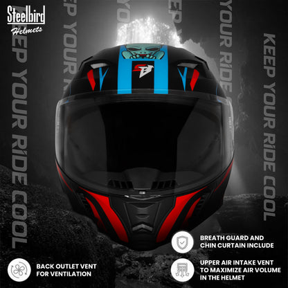 Steelbird SBA-20 Strange ISI Certified Flip-Up Graphic Helmet for Men and Women (Glossy Black Cyan Green)