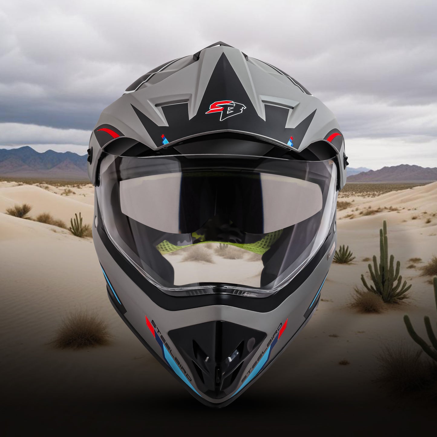 Steelbird Racer Off Road ISI Certified Motocross Double Visor Full Face Graphic Helmet Outer Clear Visor and Inner Silver Sun Shield (Glossy Grey Red)