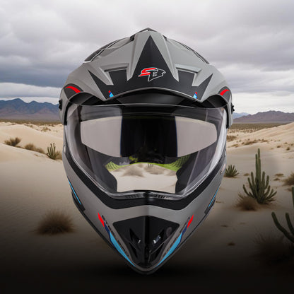 Steelbird Racer Off Road ISI Certified Motocross Double Visor Full Face Graphic Helmet Outer Clear Visor and Inner Silver Sun Shield (Glossy Grey Red)