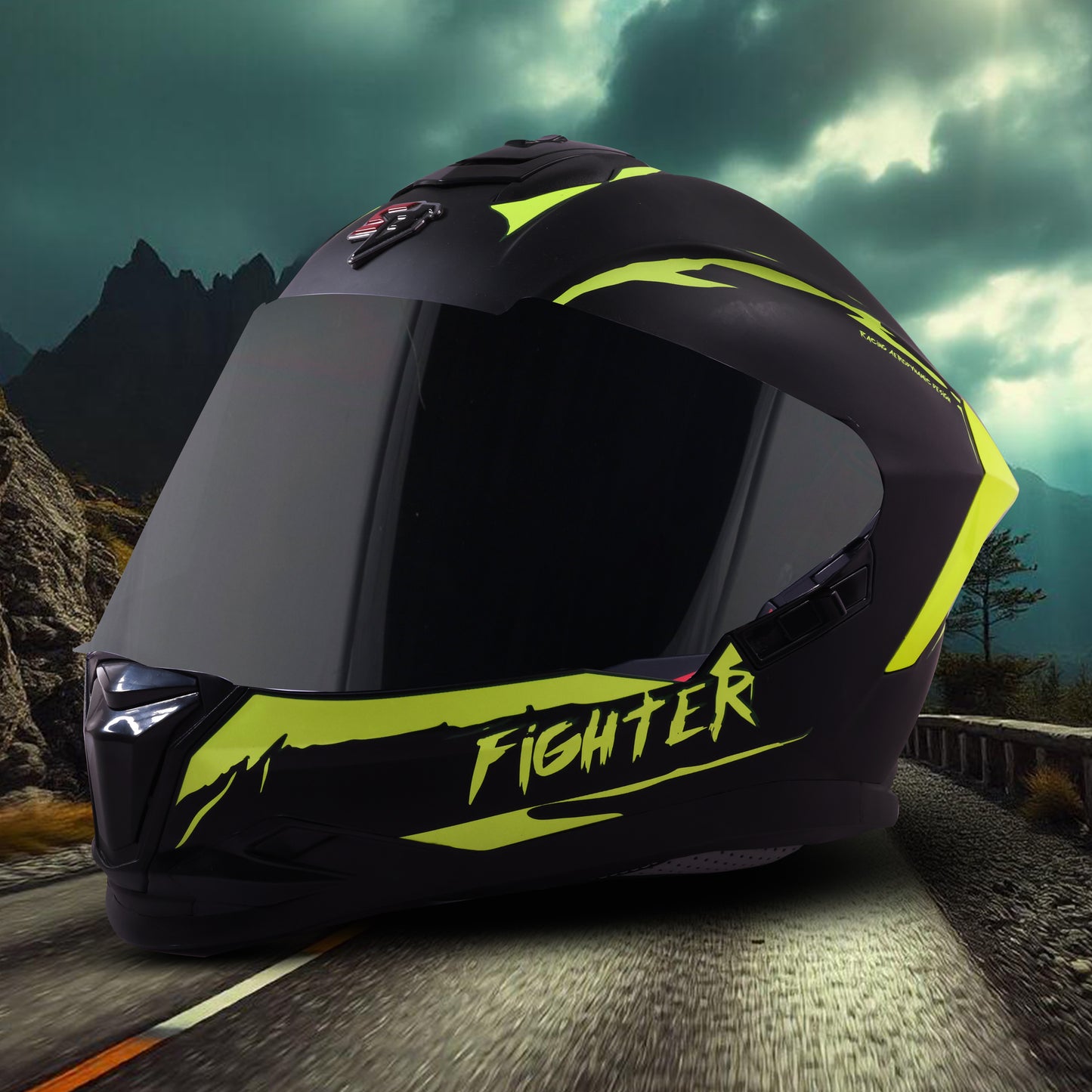 Steelbird SBH-57 Fighter F2 ISI and DOT Certified Full Face Helmet for Men and Women With Inner Silver Sun Shield (Glossy Black Neon) .