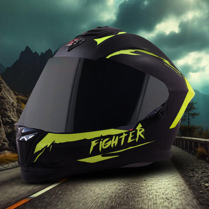 Steelbird SBH-57 Fighter F2 ISI and DOT Certified Full Face Helmet for Men and Women With Inner Silver Sun Shield (Glossy Black Neon) .